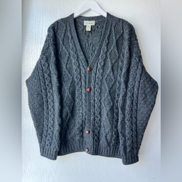 Vtg LL BEAN Mens Wool Cable Knit Fisherman Cardigan Sweater Gray Men’s Sz LT